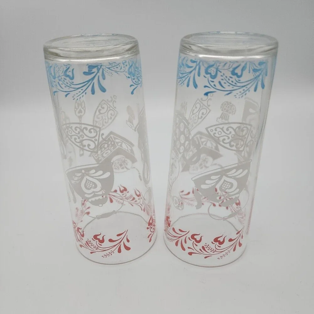 Hazel Atlas Kitchen Aids Iced Tea Tumblers 16oz Drinking Glasses Pink White Blue